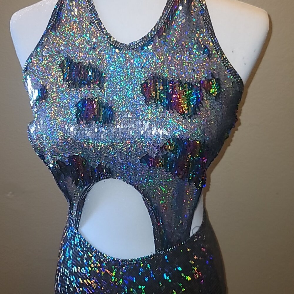 One piece reversible sequined rave bodysuit